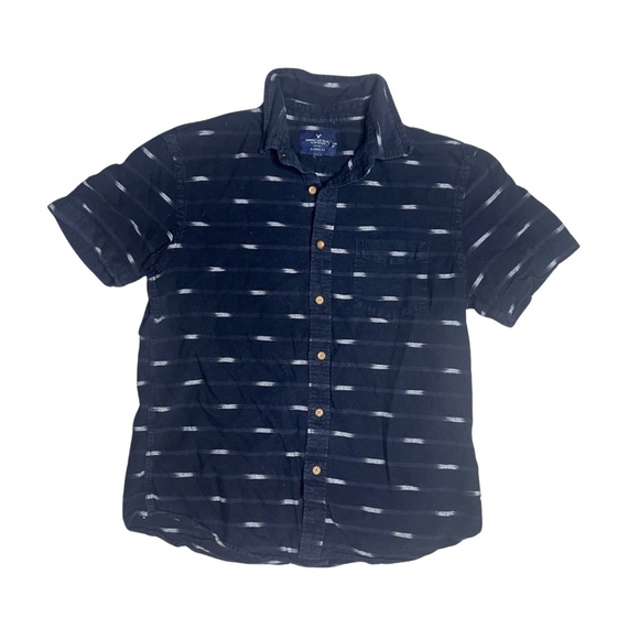 American Eagle Classic Fit Short Sleeve Button-Up | Size S | Black & Gray Stripe - Picture 1 of 1